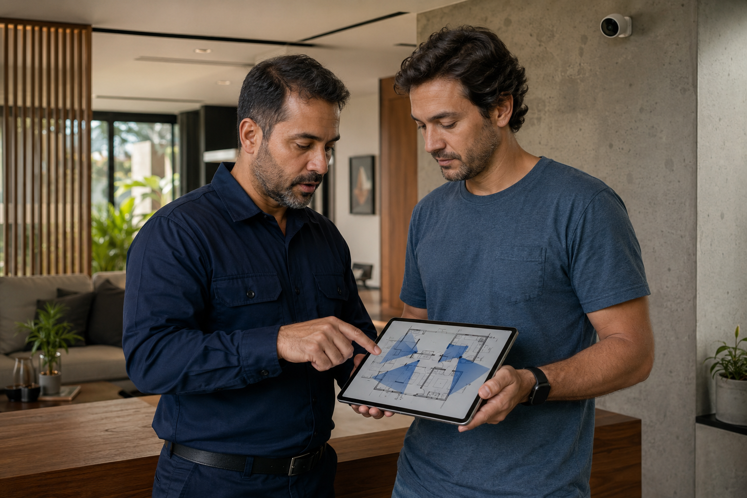 Técnico planejando os pontos de monitoramento com o cliente