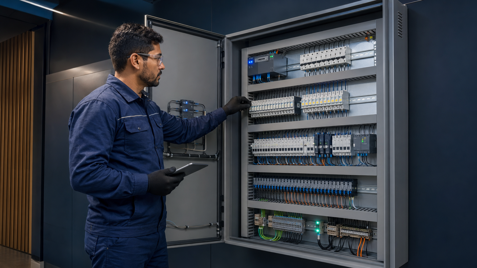 Técnico inspecionando um painel de comandos elétricos