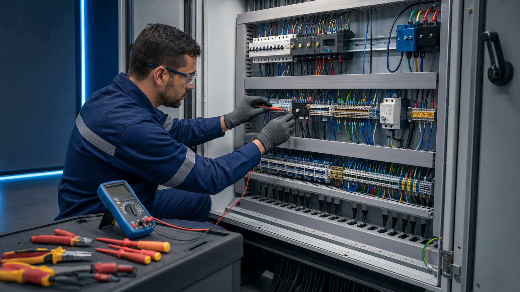 Eletricista montando e testando um painel de comandos elétricos