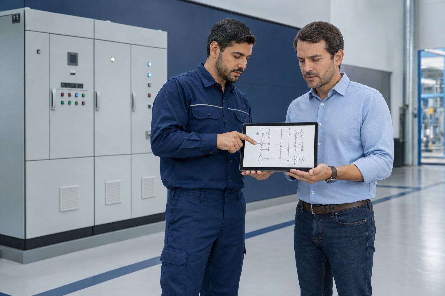 Técnico planejando a lógica de um comando elétrico com o cliente