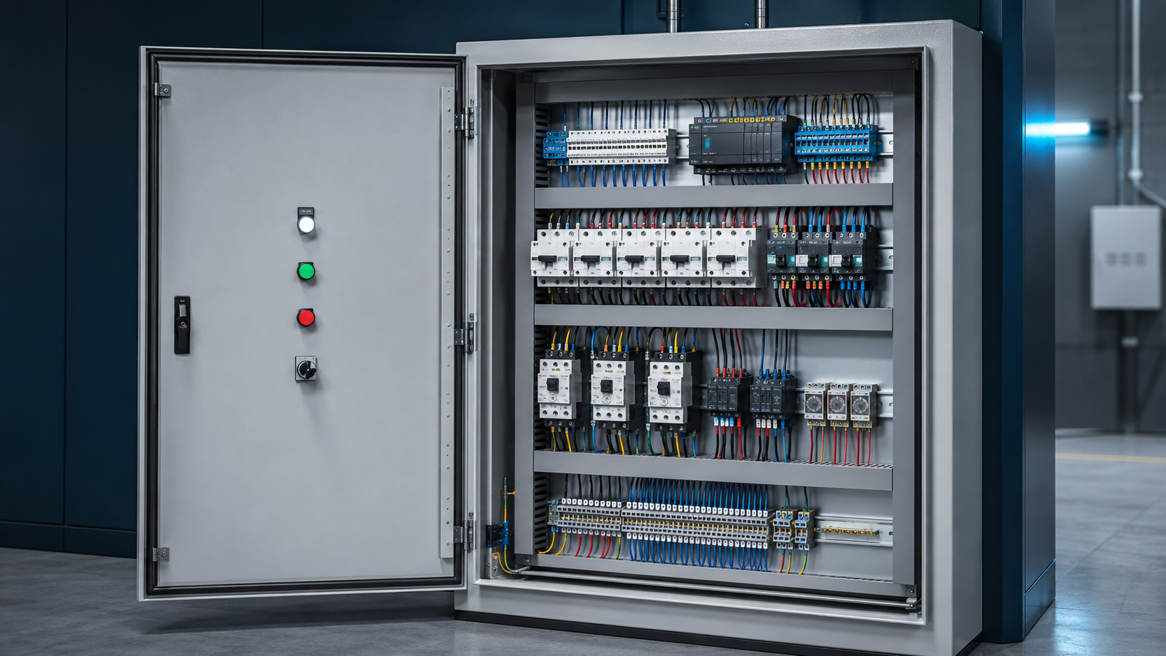 Componentes organizados em um painel de comandos elétricos