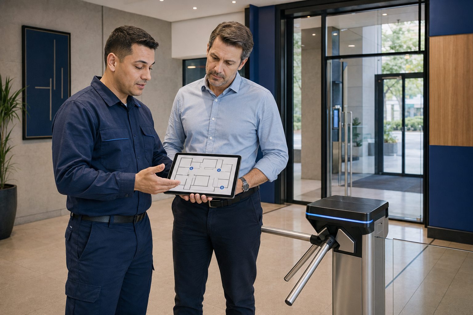 Técnico planejando os pontos de controle de acesso com o cliente