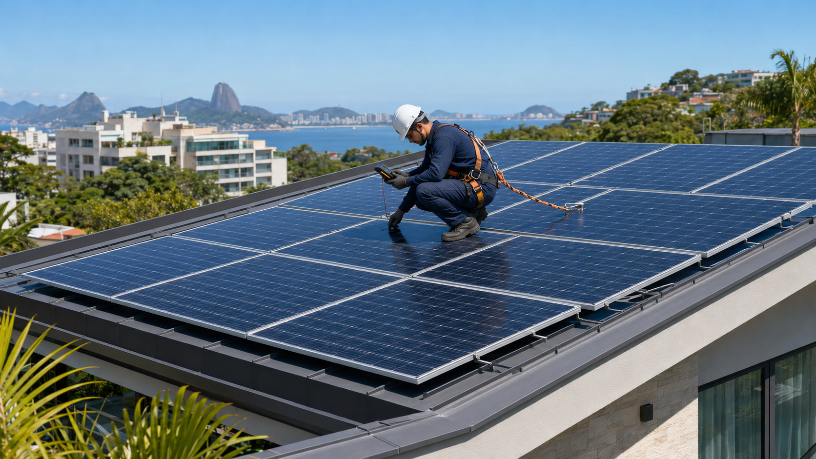 Sistema de energia solar instalado em uma residência no Rio de Janeiro
