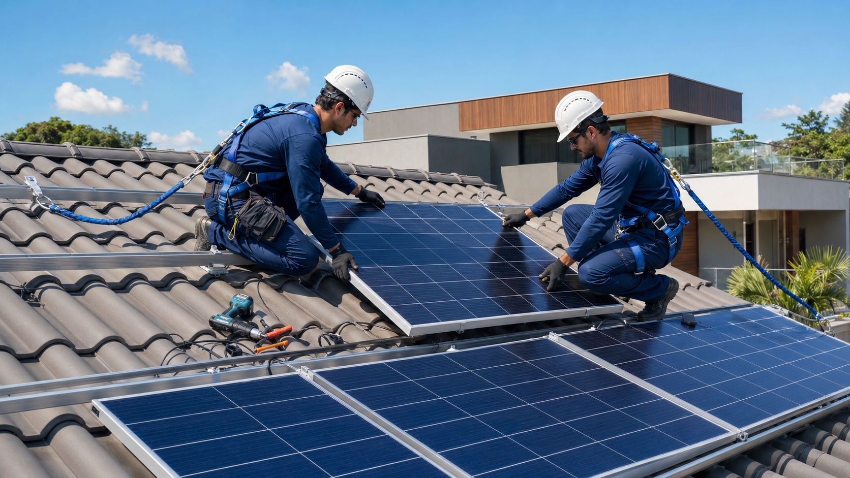 Técnico instalando painéis solares com equipamento de segurança