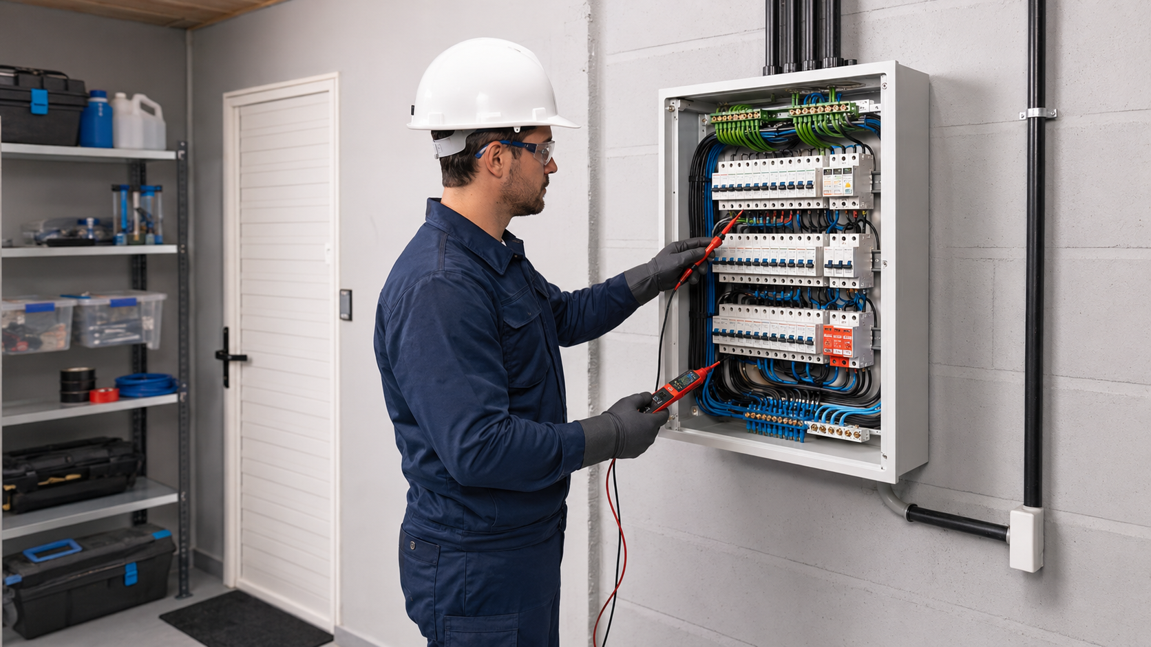 Eletricista inspecionando um quadro de distribuição organizado