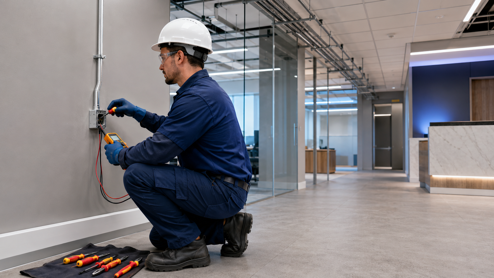Eletricista executando uma instalação elétrica em ambiente empresarial