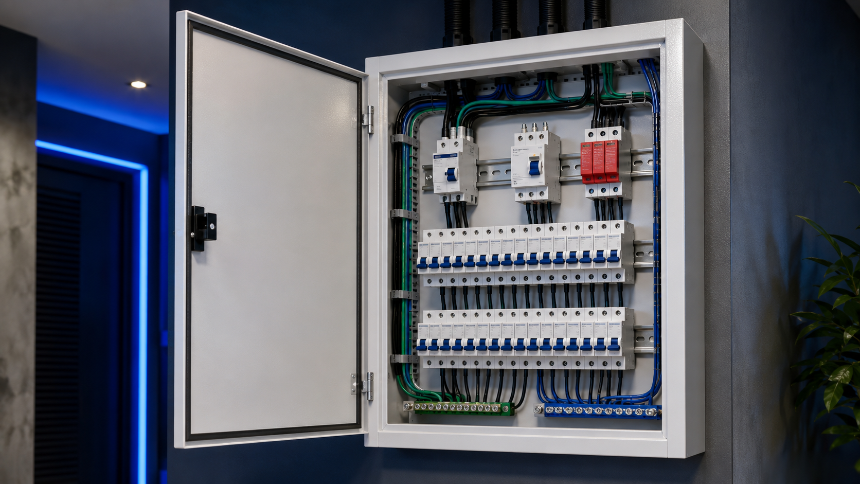 Quadro elétrico com disjuntores, proteção DR e DPS organizados